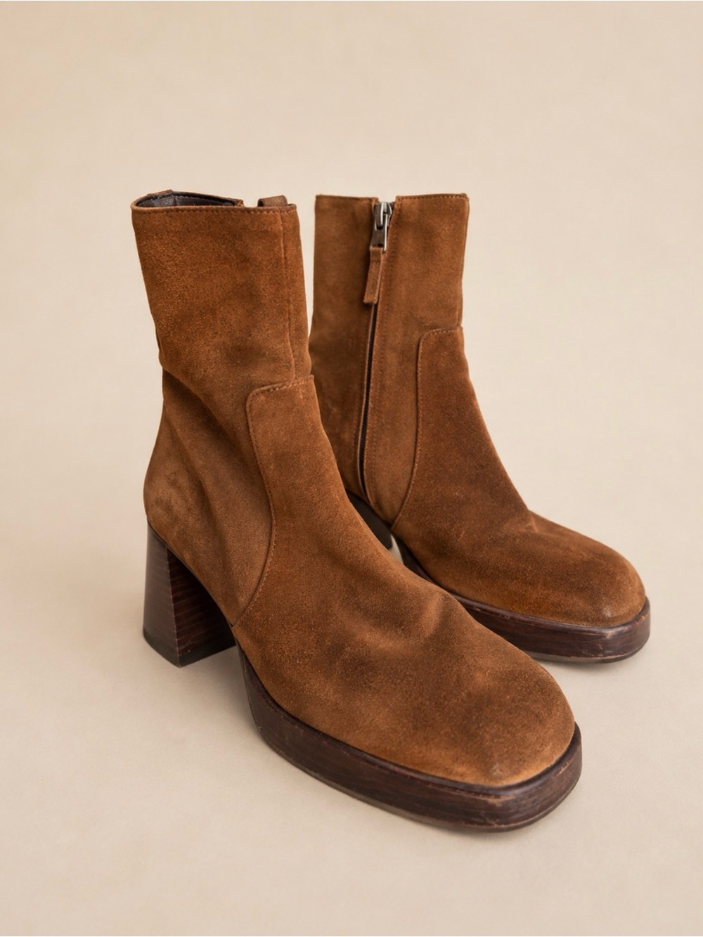 L’INTERVALLE Chestnut Brown Suede Platform Block Heel Ankle Boots 38 / US 7.5-8 - Picture 6 of 17